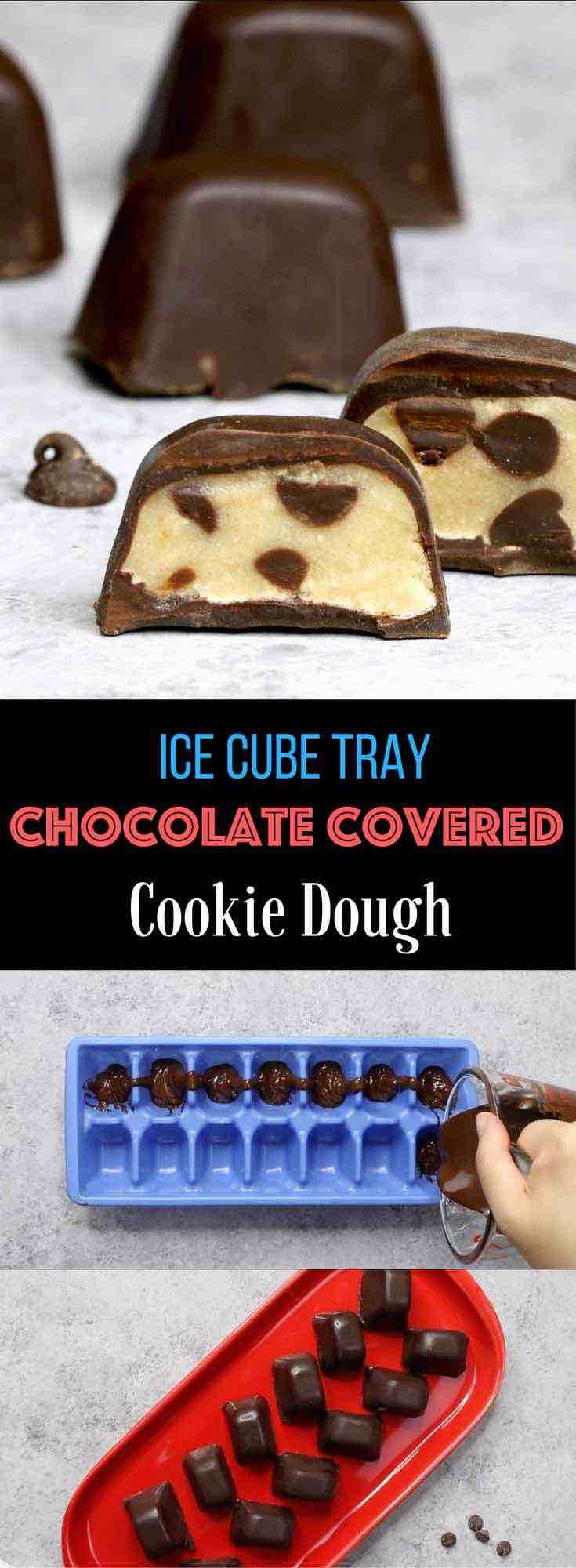 Chocolate Covered Cookie Dough Bites – Easy and delicious treats that everyone will love. So easy and fun to make using an ice cube tray! All you need is a few simple ingredients: chocolate, flour, brown sugar, chocolate chips, vanilla, butter and salt. An easy recipe that makes a great finger food dessert for parties, brunch, or as an afternoon snack! Homemade gifts. Party food, no bake, party dessert recipes. Video recipe. 