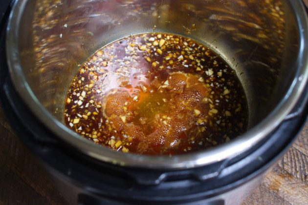 Step-by-step process for making honey garlic sauce in the Instant Pot and coating shrimp with it
