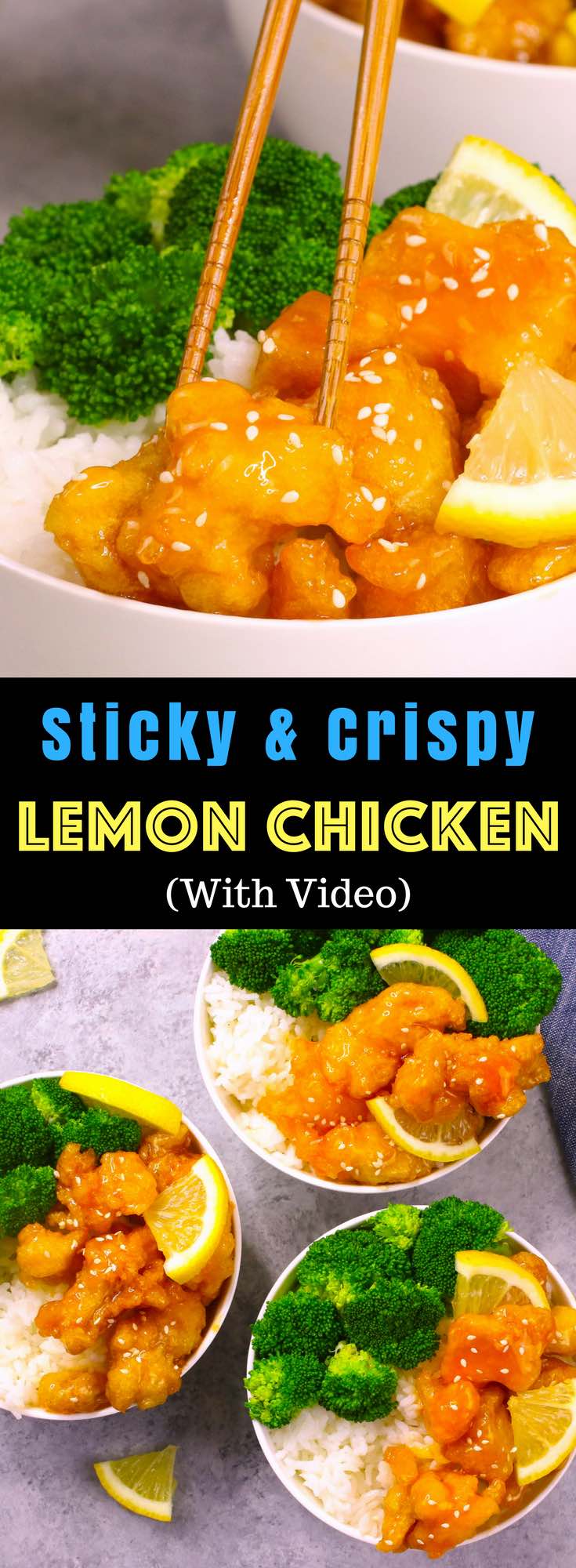 Easy, crispy and most unbelievably delicious Lemon Chicken with Rice Bowls. So much better than take outs! All you need is only a few ingredients: chicken breast, lemon, salt & pepper, egg, oil, sugar, and cornstarch. One of the best Asian dinner ideas! Served with rice and broccoli. Quick and easy dinner recipe. Video recipe. | Tipbuzz.com #LemonChicken