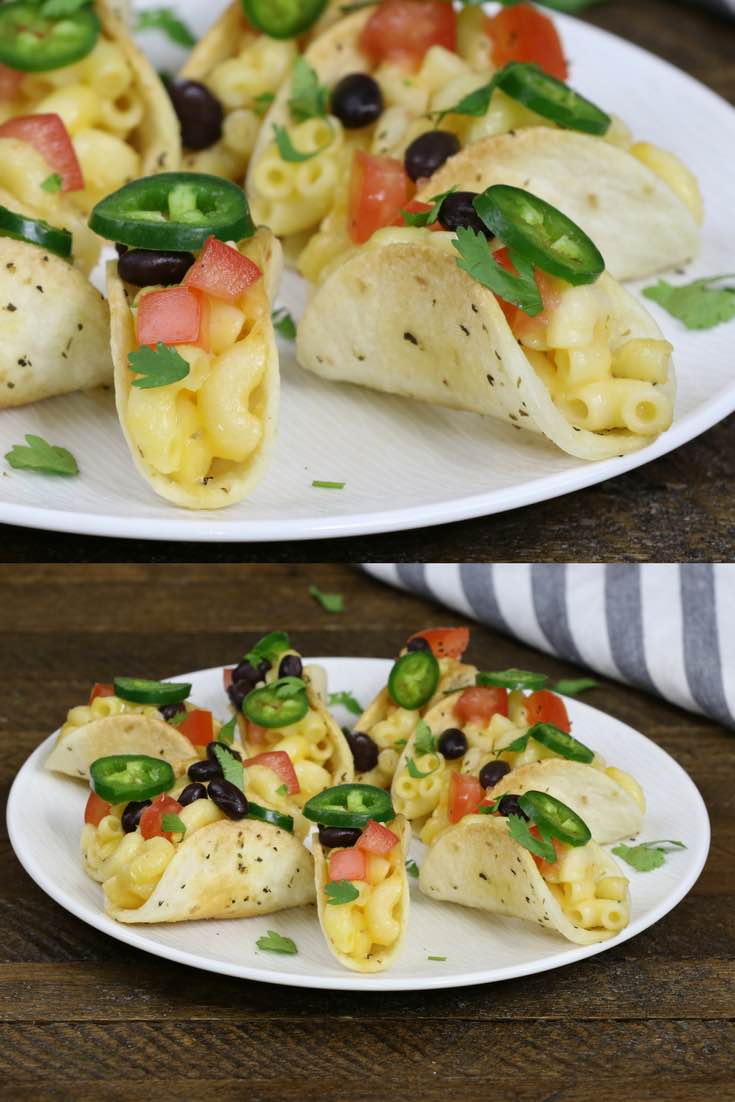 Mac and cheese taco shells topped with sliced jalapeno, diced tomatoes and sliced olives