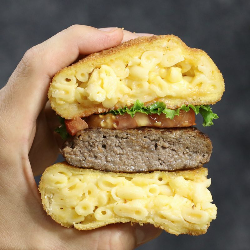 Homemade Mac Attack burger with fried mac and cheese as the bun