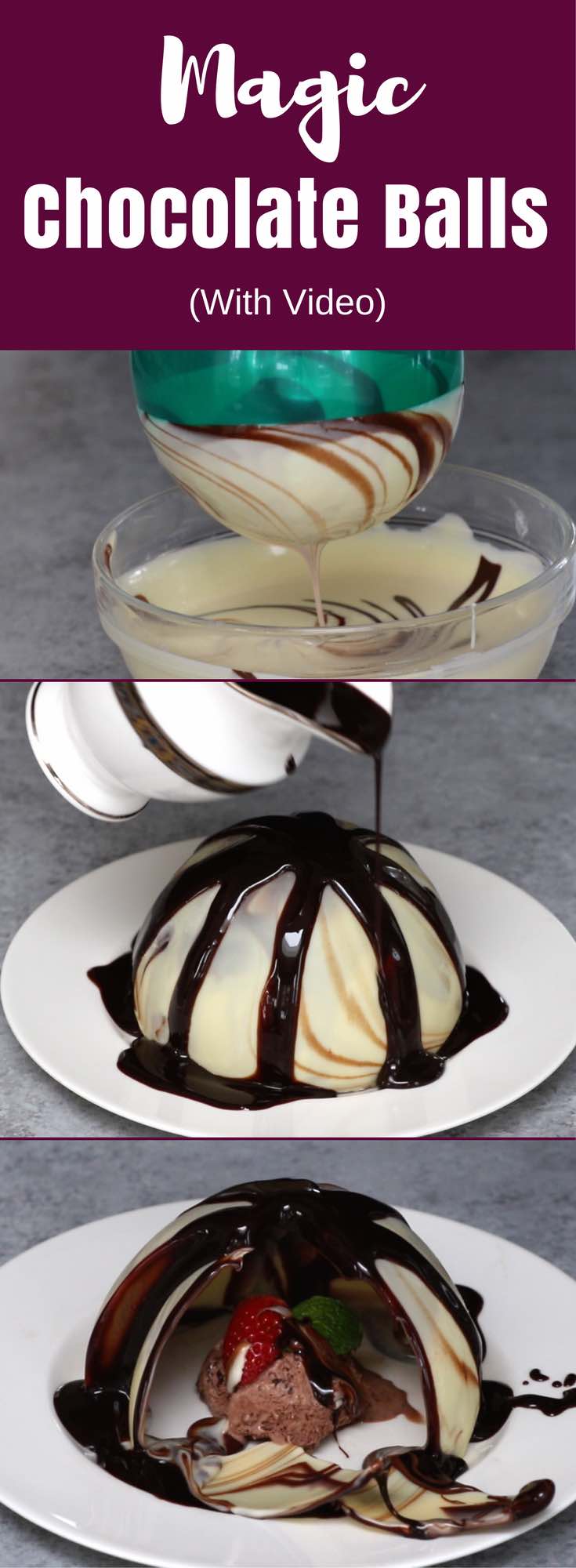 Magic Chocolate Balls are a stunning dessert presentation These Melting Chocolate Balls are a stunning dessert presentation! You use a balloon to create a chocolate sphere that covers a small dessert. Then pour warm sauce on top to melt the magic chocolate ball for a dramatic reveal! #magicchocolateball #meltingchocolateball #chocolatesphere
