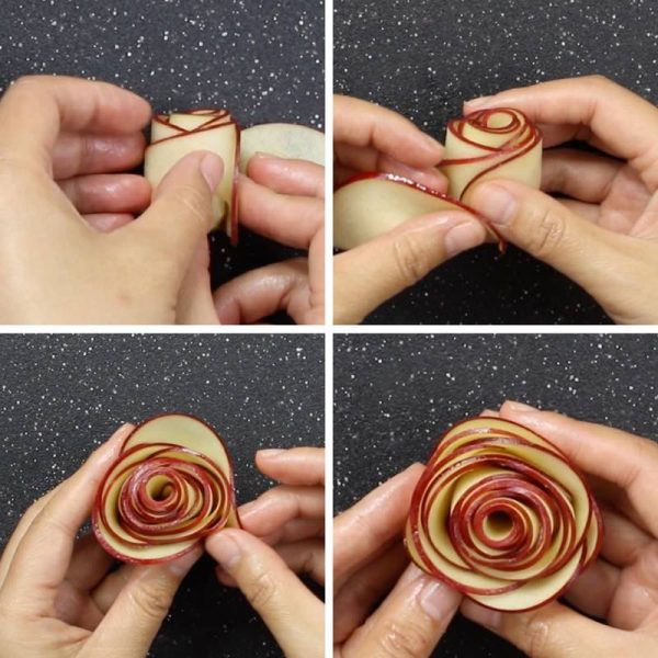 Apple Rose - this graphic shows the steps to make a perfect apple rose using slices of red apples
