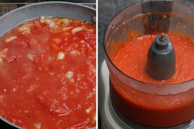 Simmering and then pureeing tomato sauce for pasta