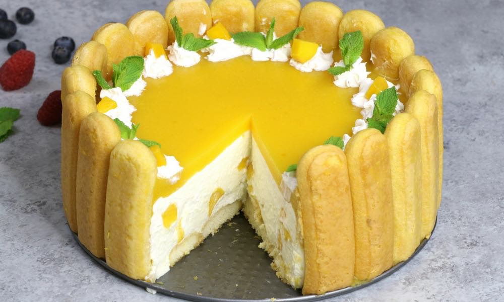 Mango-matcha charlotte cake