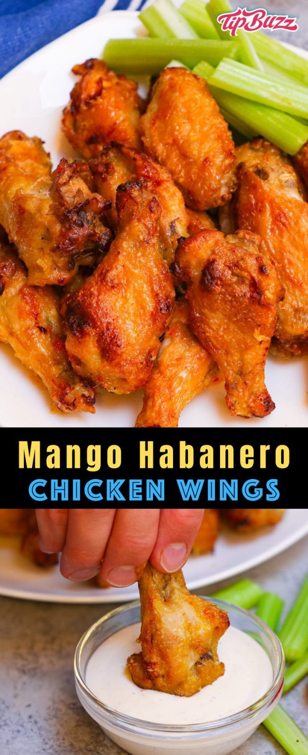 These Mango Habanero Wings are baked in the oven until crispy and coated with a fiery mango habanero sauce! The sweet and spicy flavors are totally irresistible. The perfect appetizer for Game Day and other get-togethers! #MangoHabaneroWings