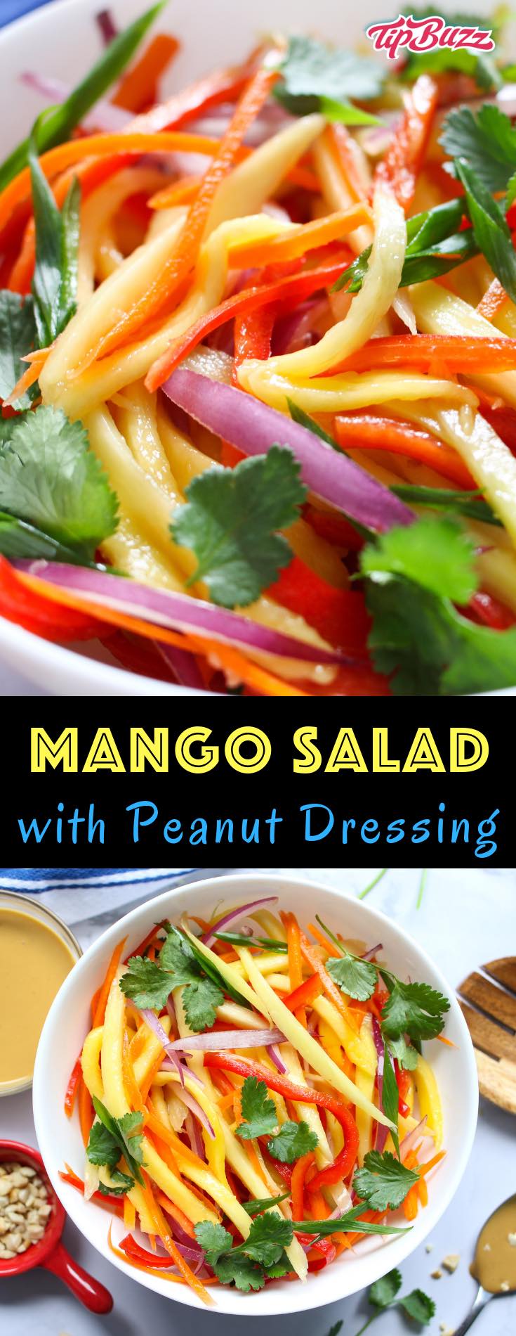Mango Salad is a quick summer salad recipe that everyone always loves! A rich and creamy Peanut Dressing is tossed with fresh mango, carrots, red bell pepper, red onions and crunchy peanuts to give you the most refreshing salad!