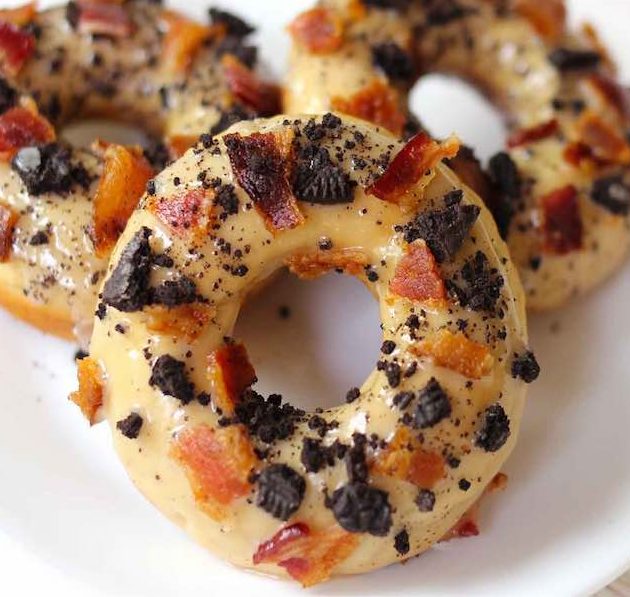 Maple bacon donuts with crumbled oreos on top