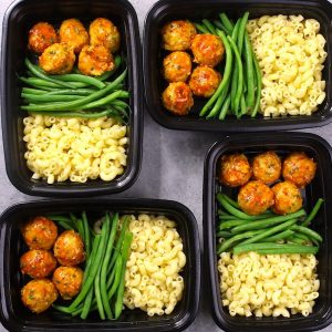 This meatball meal prep features BBQ meatballs with cooked pasta and green beans