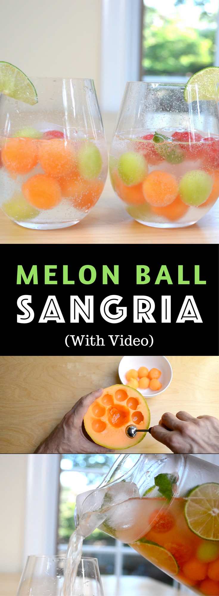 Easy Melon Ball Sangria – Refreshing and delicious melon ball sangria, the most beautiful sangria recipe! All you need is only a few ingredients: watermelon, cantaloupe and honeydew melons, moscato wine, sugar, lime, and sparkling water. Easy drinks recipe. Video recipe. 
