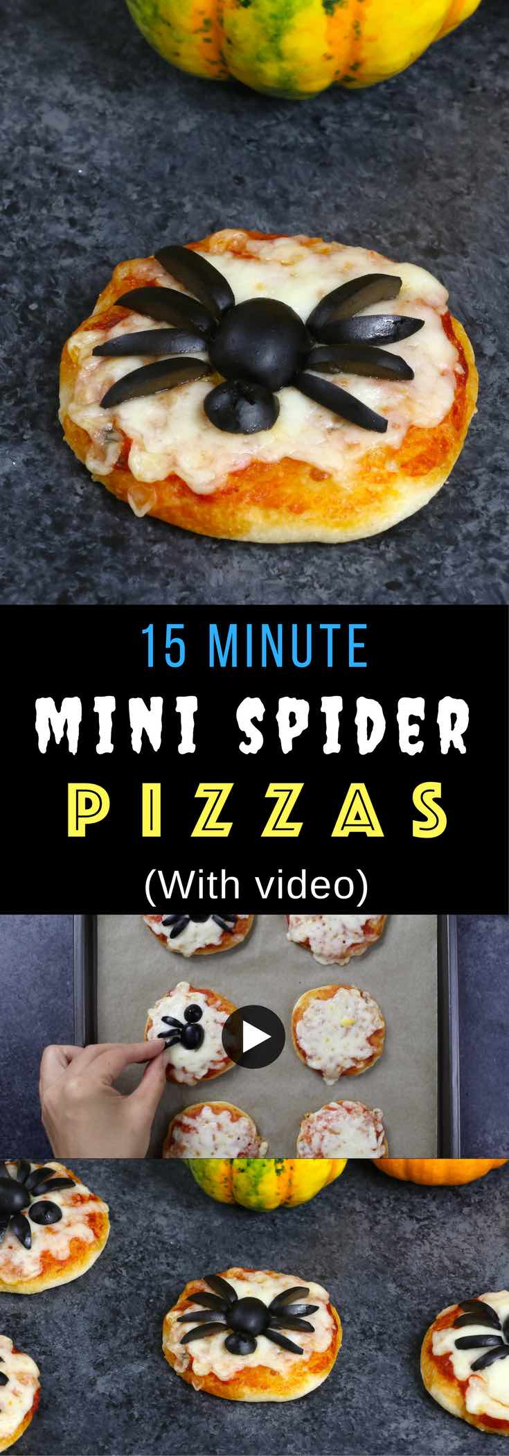 Add some spooky fun to your Halloween celebrations with these Mini Spider Pizzas. You can make this spider pizza recipe in just 20 minutes using 4 simple ingredients. #spiderpizza