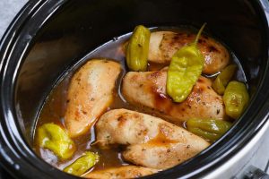Chicken breasts in the crock pot with cooking juices