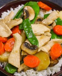 Moo Goo Gai Pan is one of my all time favorite dishes. Tender chicken slices are stir-fried with vegetables in a delicious moo goo gai pan sauce. It’s an easy and healthy weeknight dinner your whole family will love!