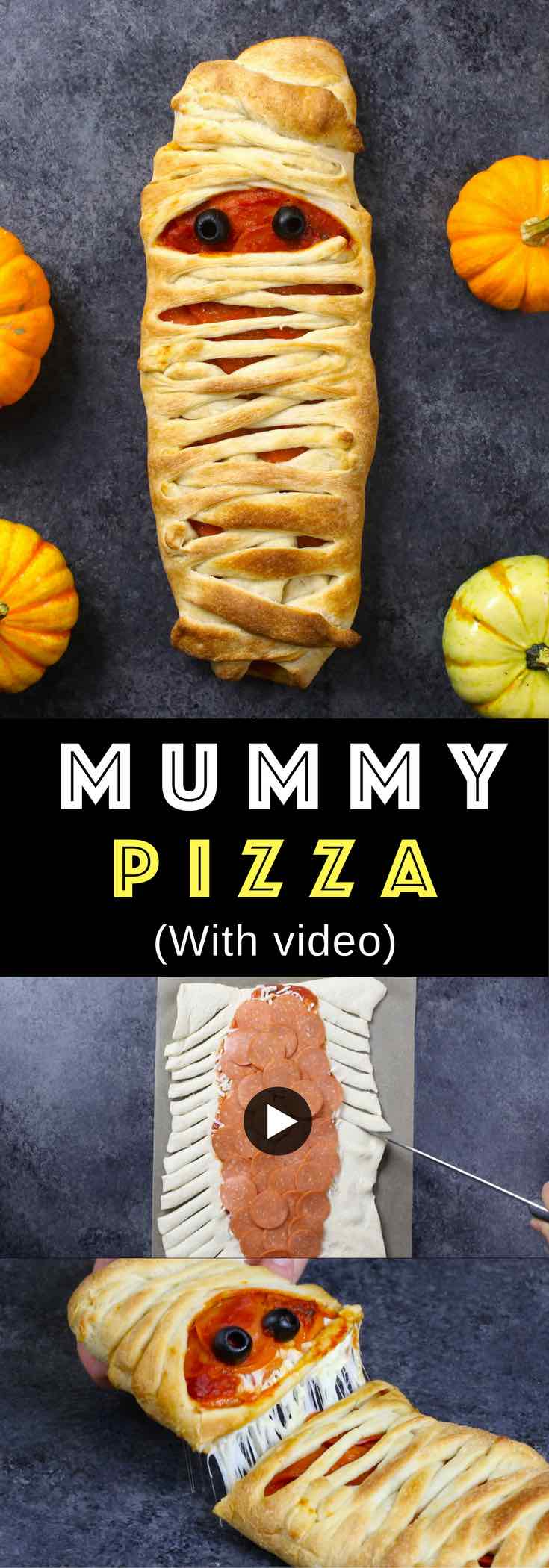 This Mummy Pizza will add some spooky fun to your Halloween celebrations! It's easy to make with a refrigerated pizza dough, pizza sauce, cheese, pepperoni and an olive for eyes. You can serve it as either an appetizer or light dinner before trick-or-treating! #mummypizza 