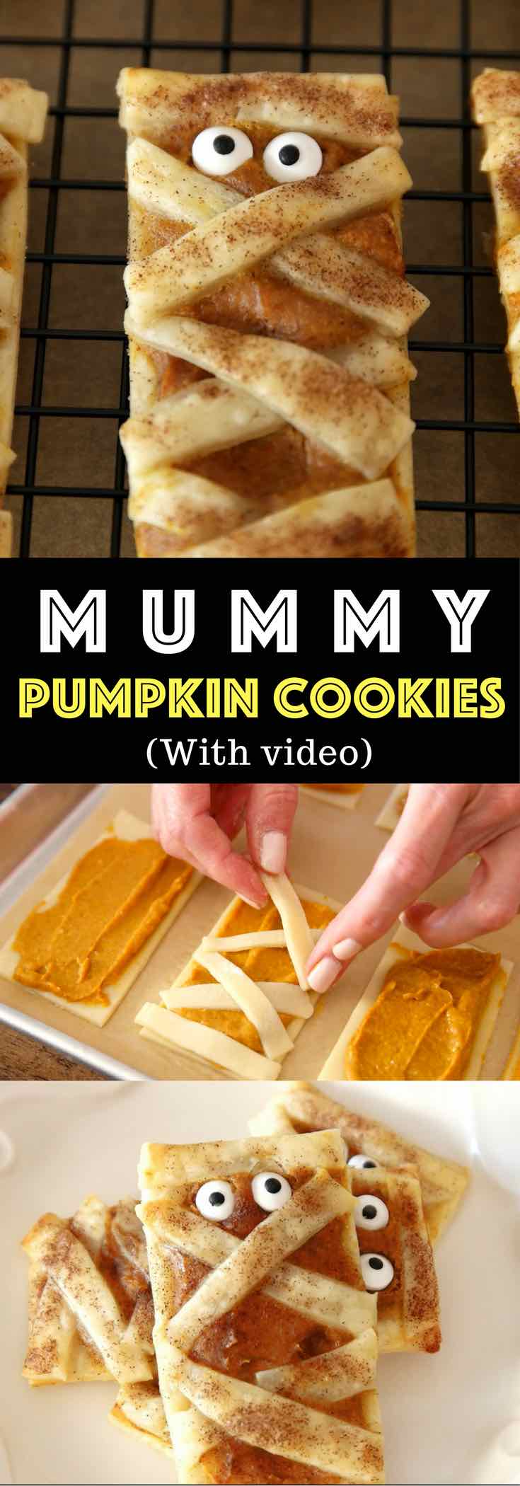 These delicious and soft Mummy Pumpkin Cookies make for a perfect party treat. They melt in your mouth. All you need is only a few simple ingredients. Fun recipe to make with kids. Dessert, Party Food. Vegetarian. Fun and yummy Halloween recipe. Video recipe. | Tipbuzz.com 