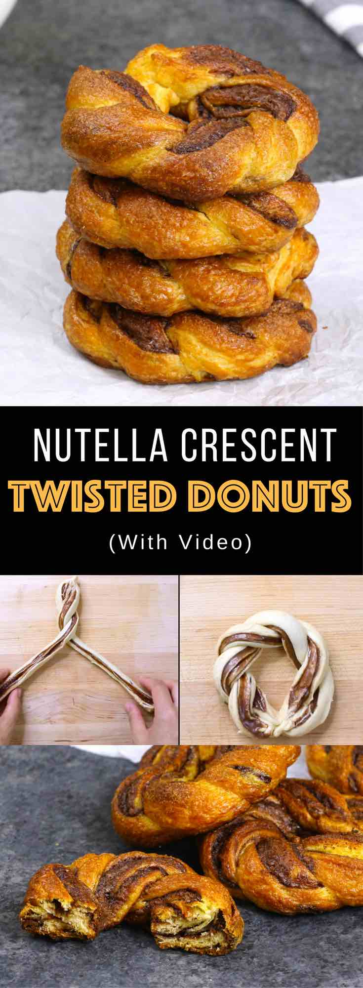 Nutella Donuts with a fun twisted cruller shape! They're easy to make in the oven using crescent roll dough and a few simple ingredients. Perfect for snacks, parties and potlucks! Video recipe. Tipbuzz.com