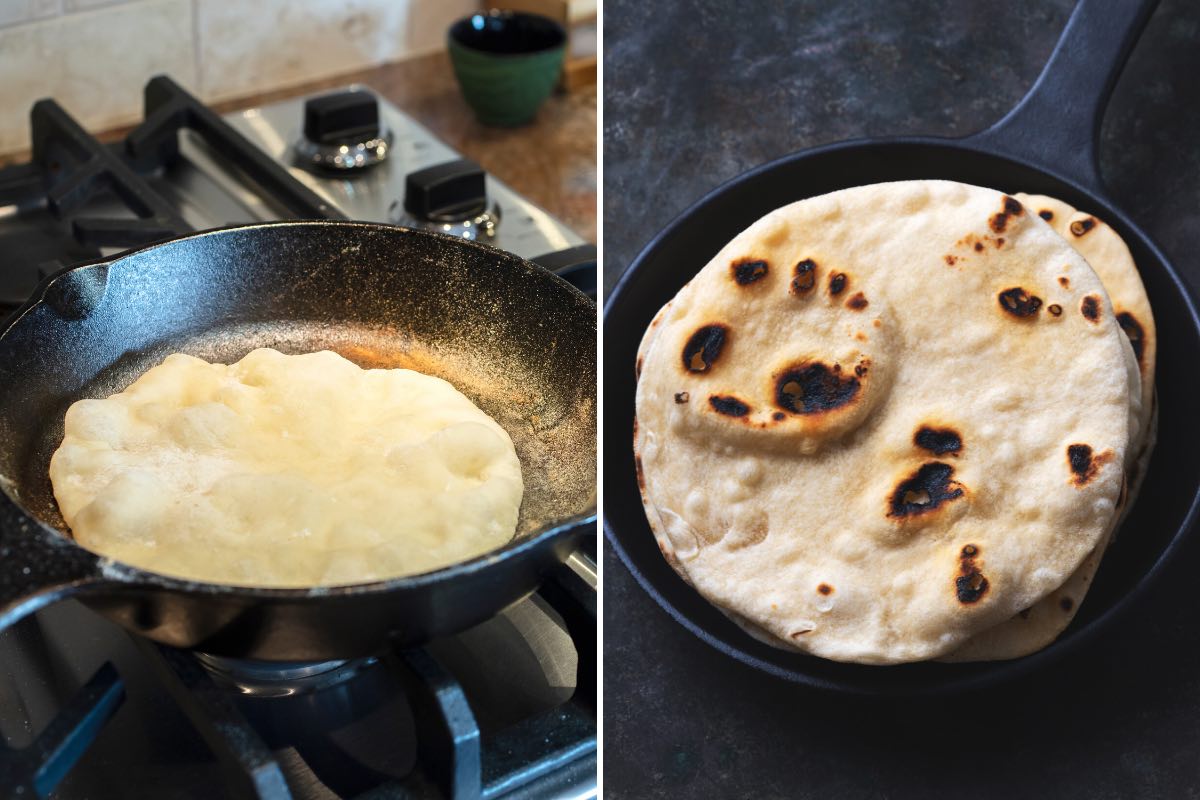 Cooking naan in a skillet on the stove top