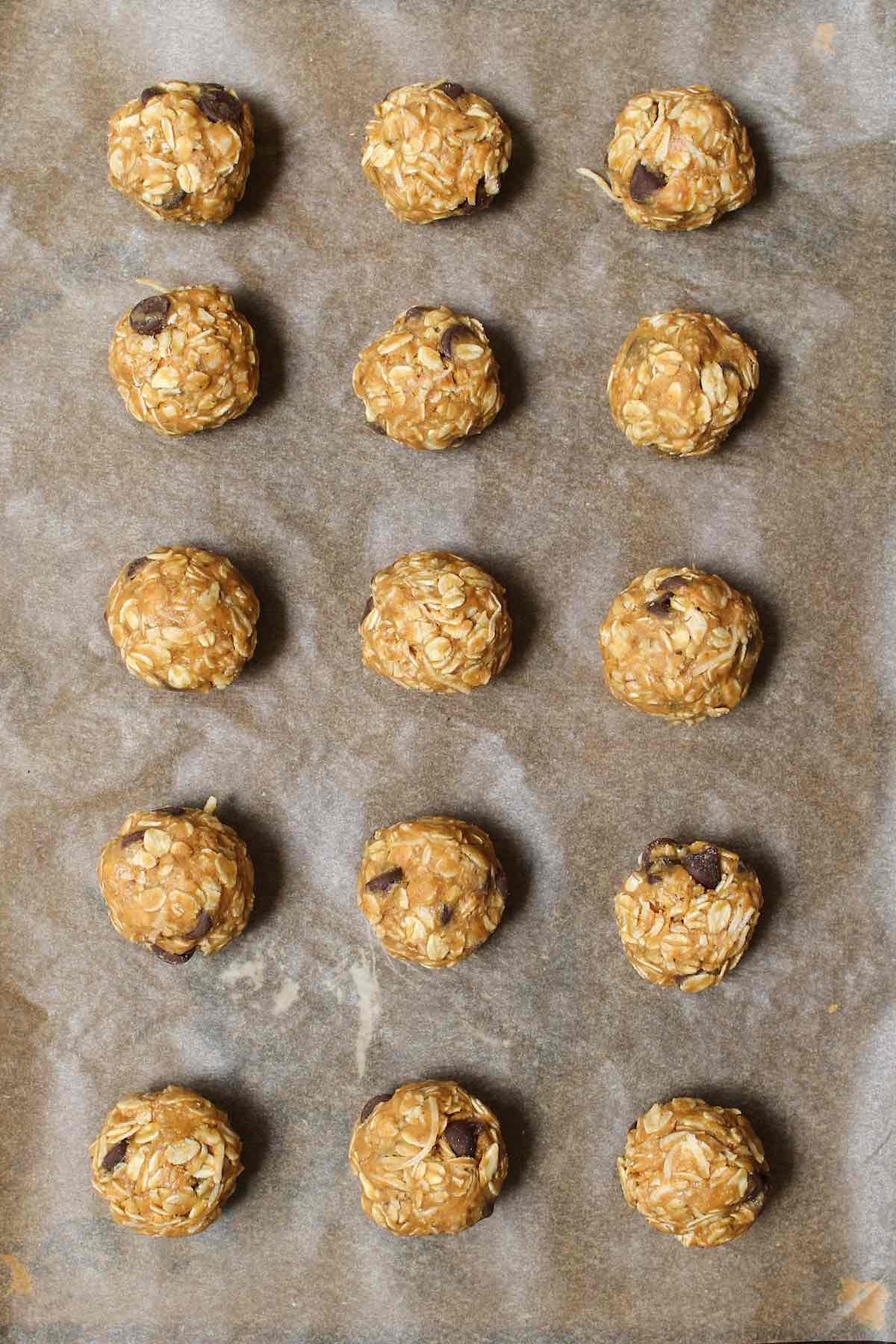 No Bake Energy Balls on a work surface in a rectangular pattern showing texture
