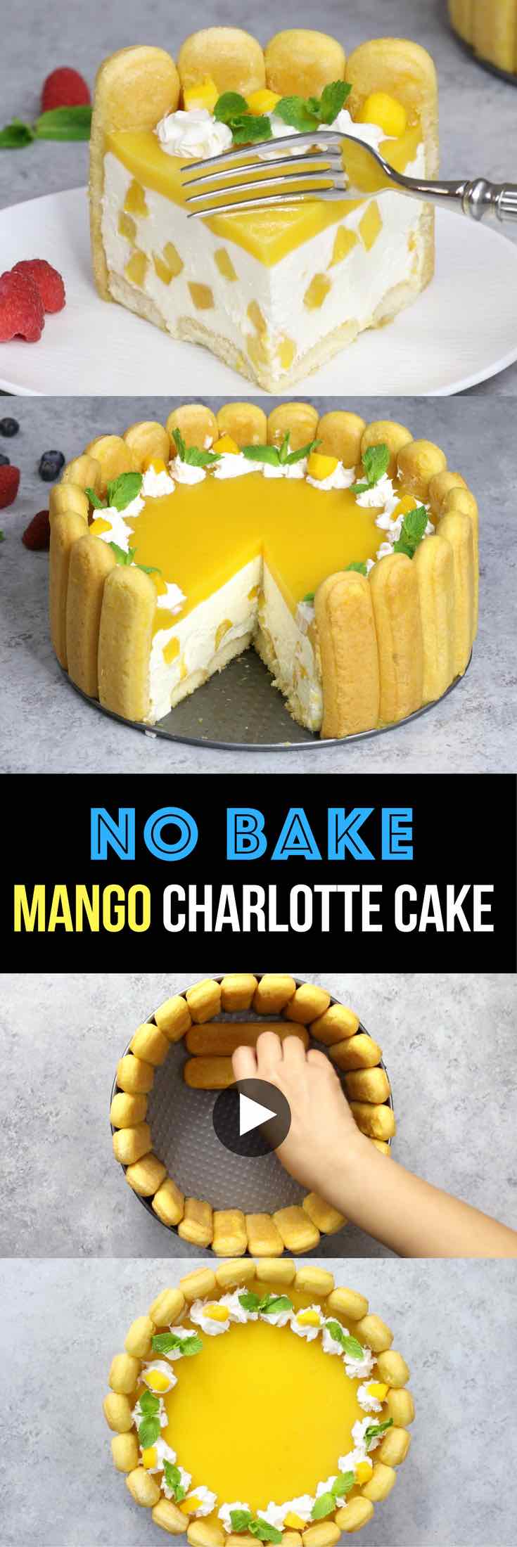 No Bake Mango Charlotte Cake – the most beautiful and unbelievably delicious mango cheesecake. All you need is some simple ingredients: mango juice, ladyfingers, cream cheese, sugar, whipped cream, mango, gelatin, and rum or triple sec. So Good! Perfect for a holiday party or a special occasion such as birthday and Mother’s Day! No bake cheesecake. Dessert recipe. Vegetarian. Video Recipe | Tipbuzz.com