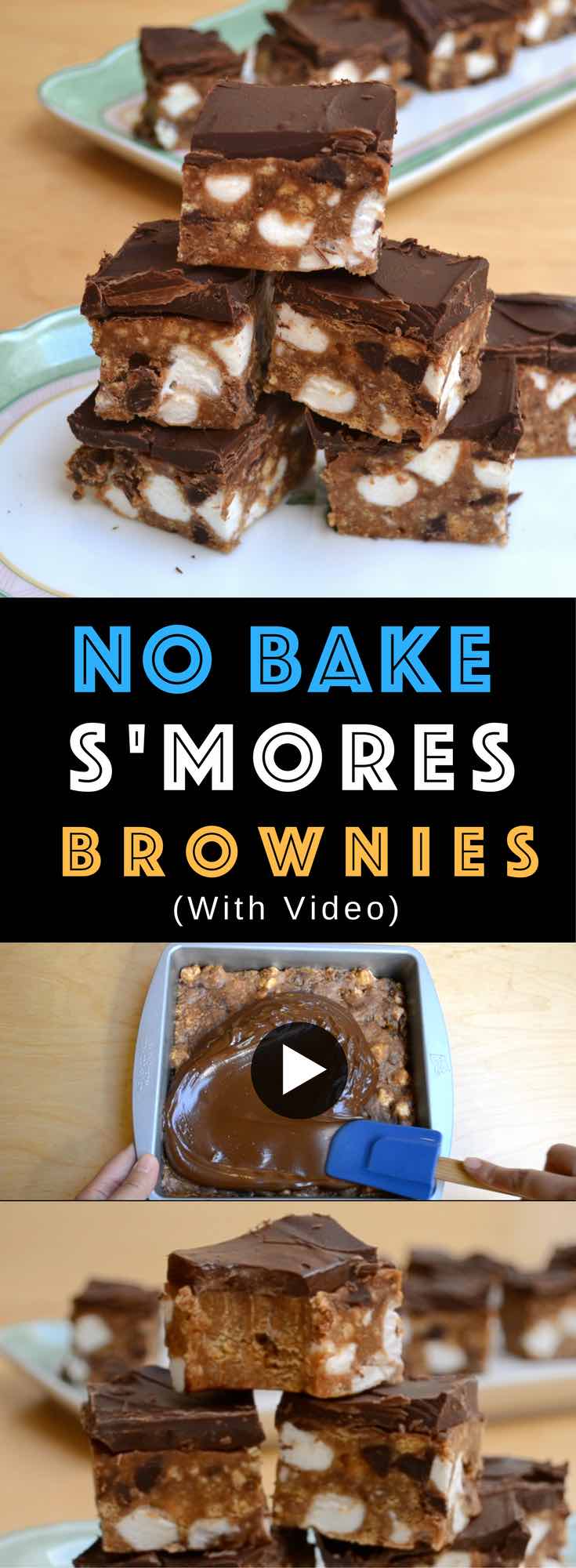 S'mores Brownies made with peanut butter for an easy no-bake recipe loaded with mouthwatering s'more flavors. Make them for takealong snacks, parties, potlucks or picnics! #smoresbrownies