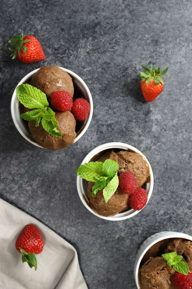 Serving bowls of Nutella ice cream with fresh raspberries and mint sprigs for garnish