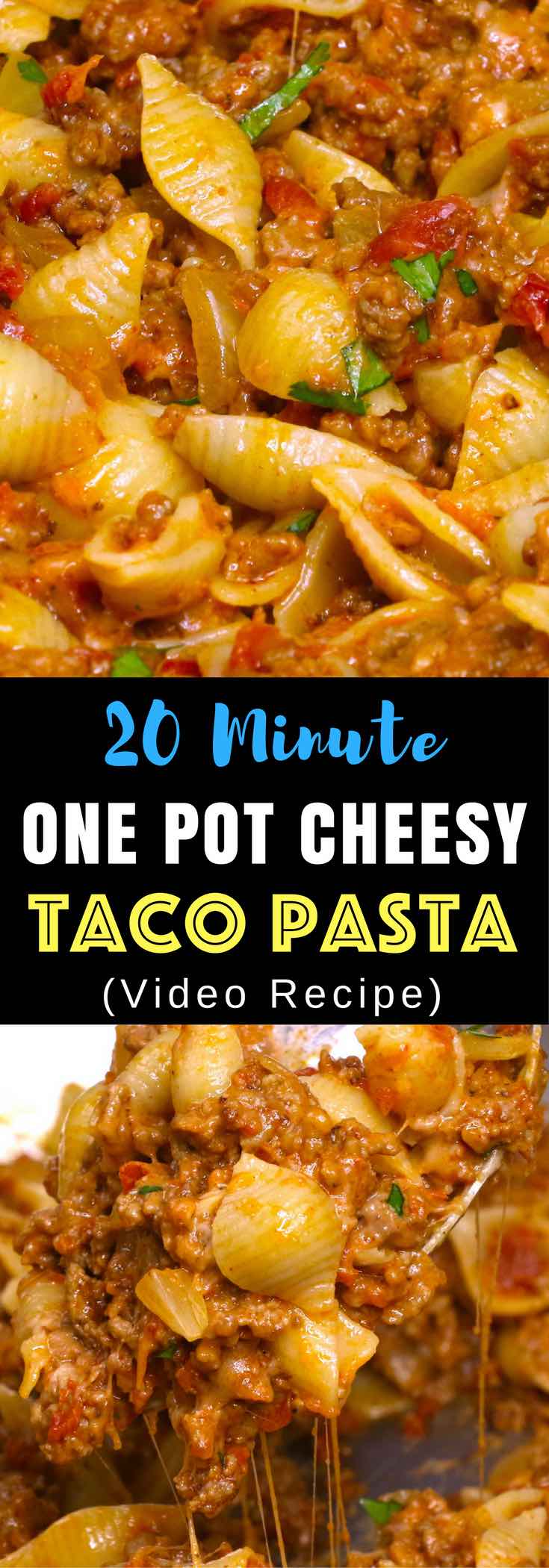 : One-pot Cheesy Taco Pasta – One of the easiest quick dinner recipes. It’s loaded with ground beef and shredded cheddar cheese. So delicious. This simple and easy recipe comes together in 20 minutes. Quick and easy recipe. Video recipe. 