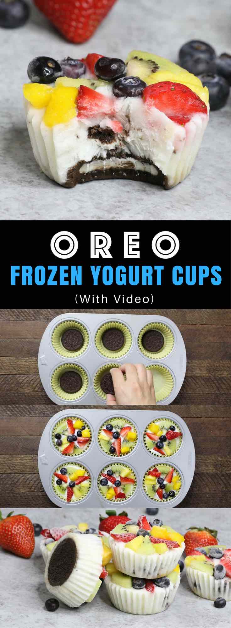 Oreo Frozen Yogurt Bites are delicious and healthy with cookies and cream flavors. These frozen treats are easy to make for backyard BBQs, kids birthday parties and more with no churning required! #oreofrozenyogurt