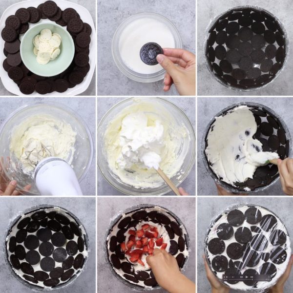Oreo Cake - this graphic shows all the key steps for making a delicious no bake oreo cake