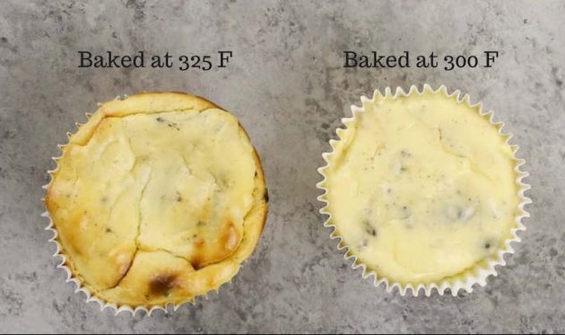 Cheesecake cupcakes baked at different temperatures