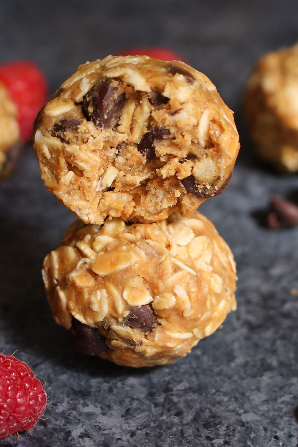 Closeup of a cross-section of a peanut butter energy ball