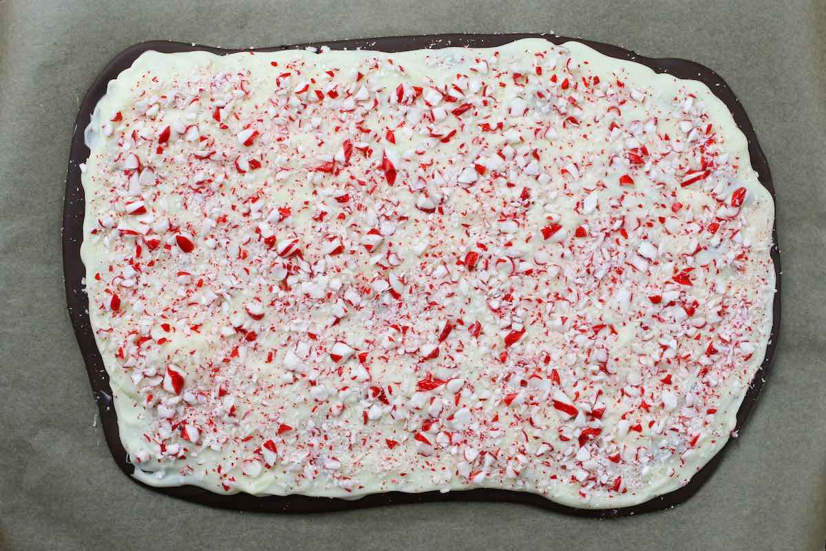Overhead view of homemade peppermint that's hardened and ready to cut into pieces