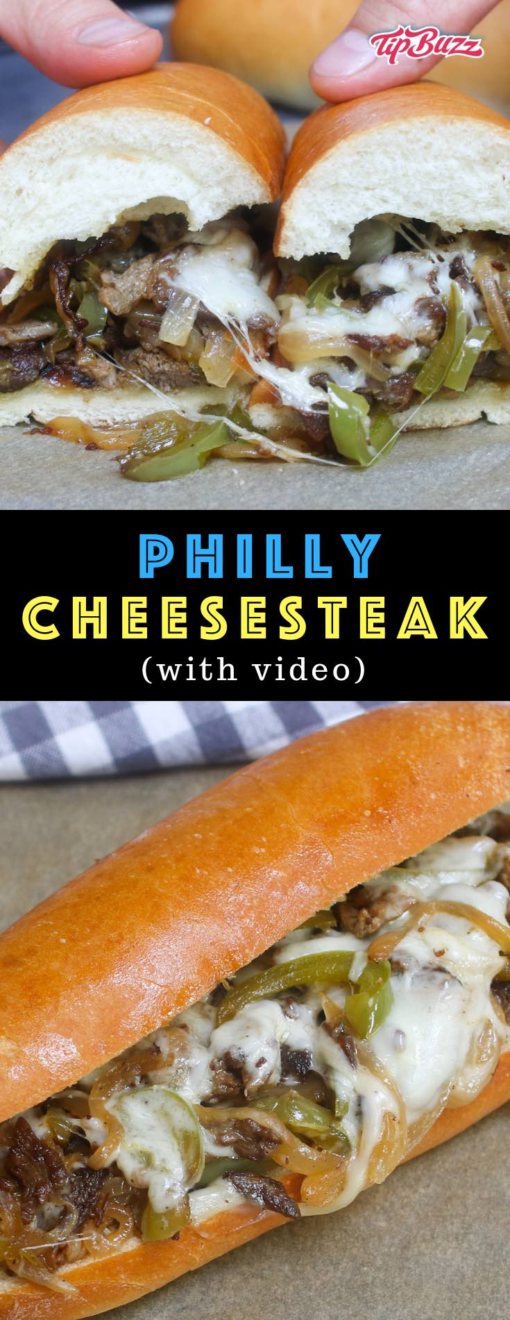 Philly cheesesteak recipe is made with thinly sliced rib-eye beef and sautéed onions, topped with ooey, gooey, melted provolone or Cheez Whiz, and served on a soft yet crusty hoagie roll!