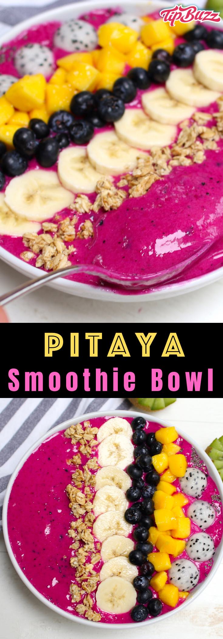 Pitaya Bowl is a delicious smoothie bowl made with dragon fruit, banana and almond milk with optional topping like granola and fresh fruits