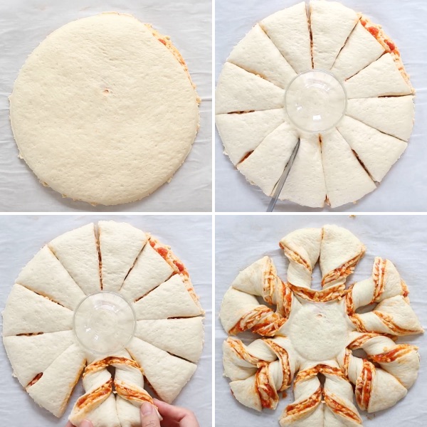 This graphic shows the process for braiding the dough when making a pull apart pizza braid