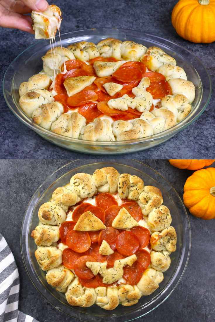 Pepperoni pizza dip with a jack-o-lantern theme for Halloween