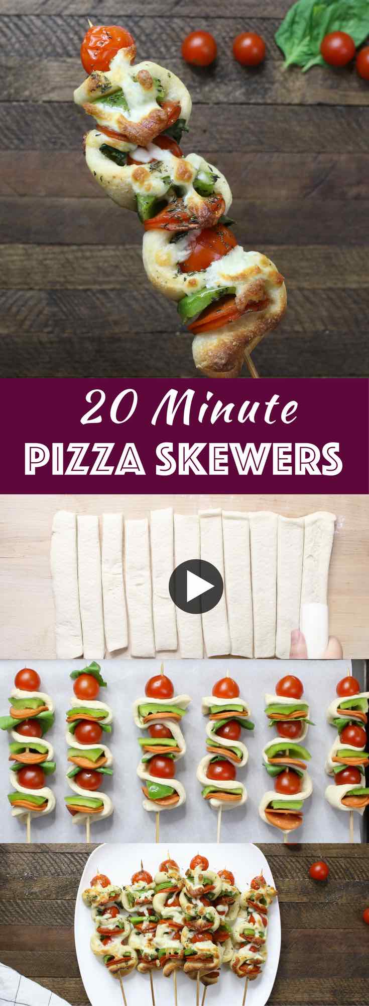 Pizza Kabobs are a delicious appetizer to make using the grill or oven. Get the kids involved weaving the pizza dough onto skewers and customizing toppings! #pizzakabob #pizzakebab