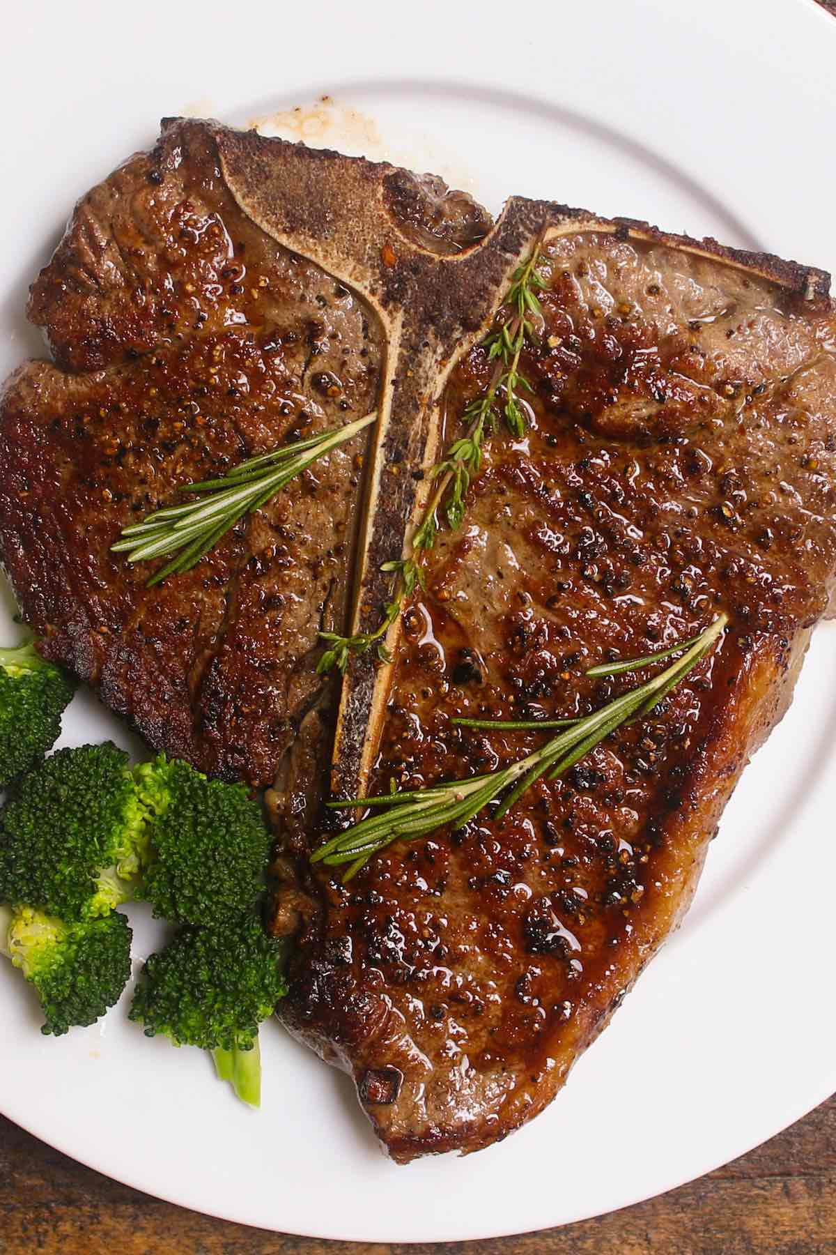 Whole bone-in steak on a serving plate