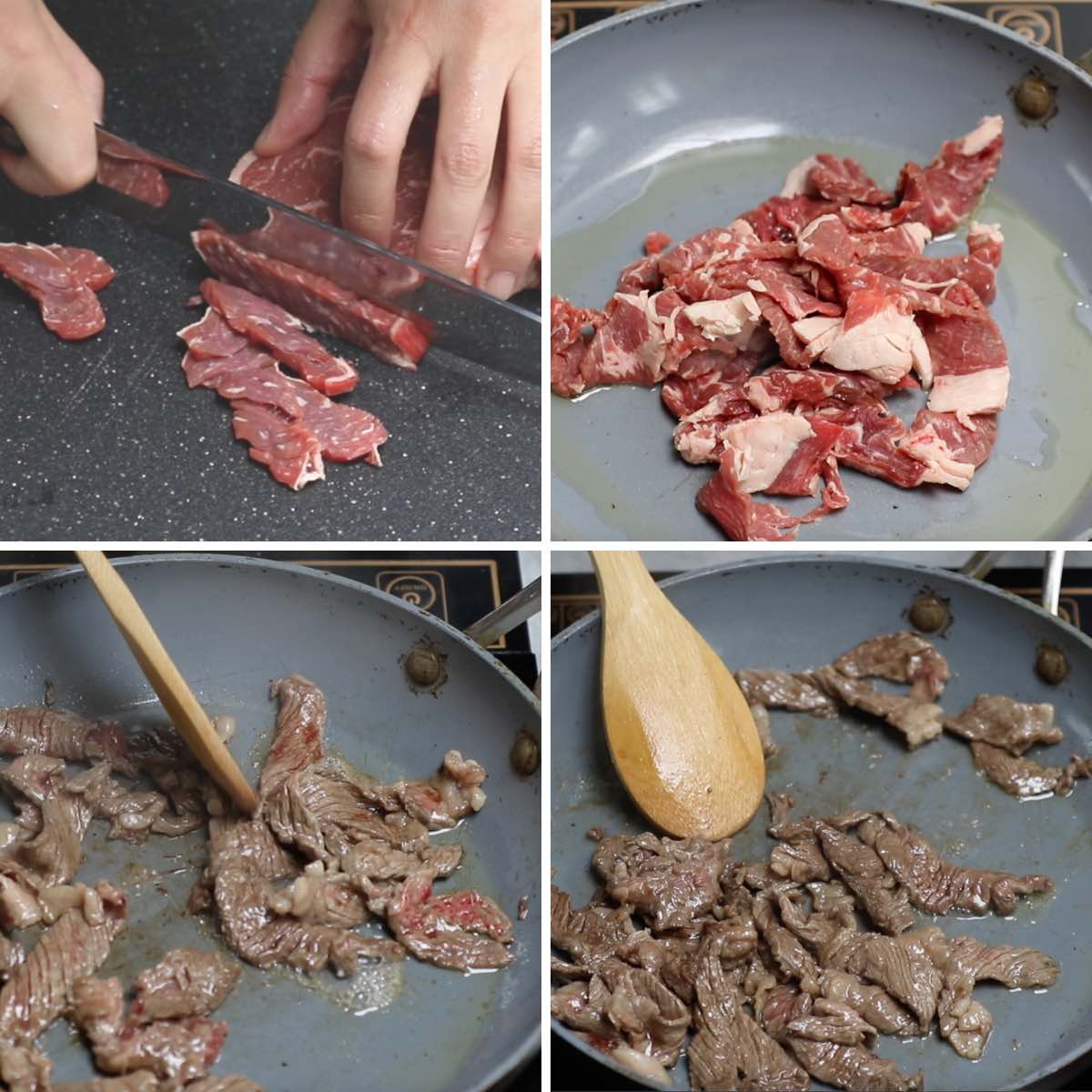 Sautéeing strips of rib eye steak until slightly browned and juicy