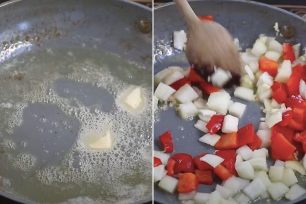 Melting butter and sauteeing onions with garlic and bell peppers in a skillet
