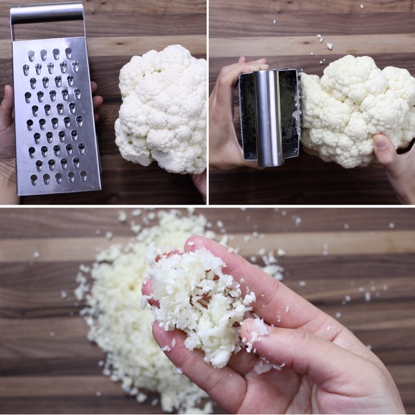 Grating a head of cauliflower using a box grater