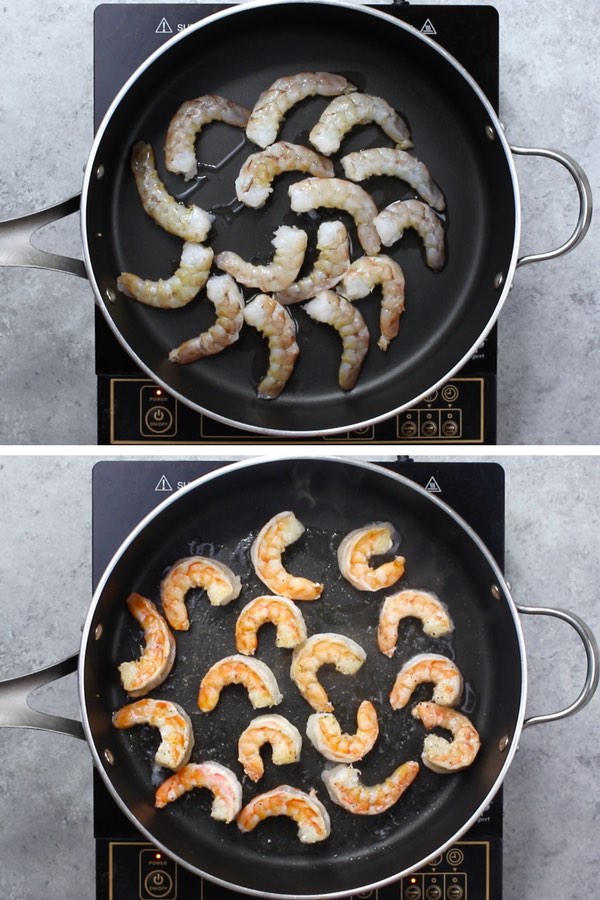 Sauteeing jumbo shrimp in a skillet