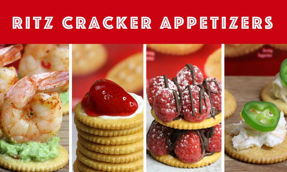 Simple and easy Ritz Cracker Appetizers: pair sweet and savory bite-sized finger food for your next party. These 4 recipes are so easy and come together in no time. 1. Jalapeno Popper Topper; 2. Raspberry Chocolate Cheesecake Bites; 3. Shrimp and Avocado Bites; 4. Strawberry Cheesecake Bites. Use versatile and delicious RITZ Crackers for all your entertaining needs. #SpreadRITZpiration #ad