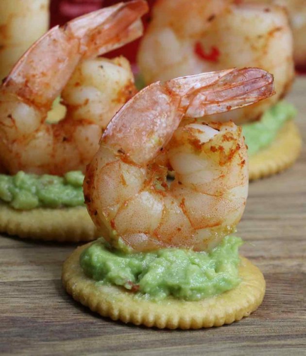 Shrimp Guacamole Bites made with jumbo shrimp and avocado on a Ritz cracker