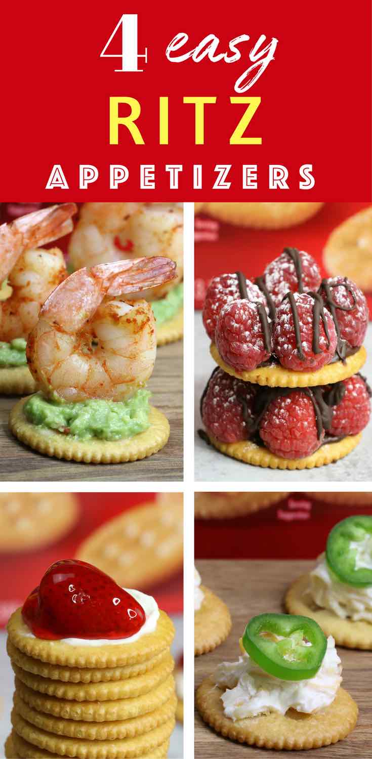 These Ritz Cracker Appetizers are ready for your party in 15 minutes with 4 ingredients or less! There are two savory ideas, Shrimp Avocado Bites and Jalapeño Popper Toppers, plus two sweet ideas Raspberry Chocolate Bites and Strawberry Cheesecake Bites. #ad