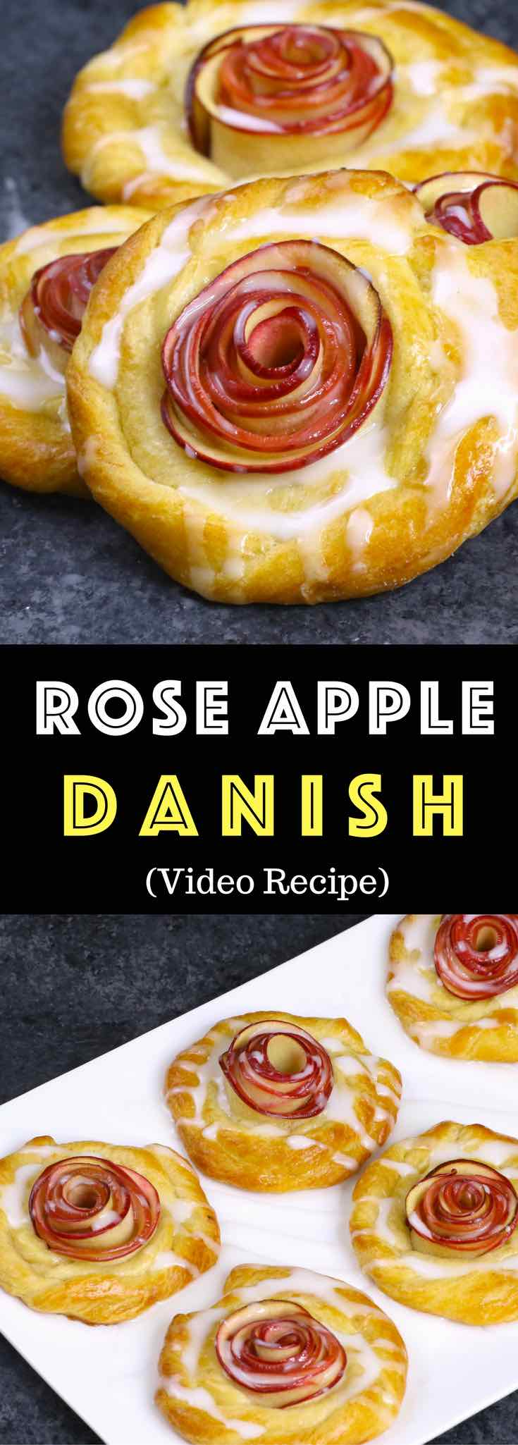 Rose Apple Danish – one of the easiest pastry recipes that also look gorgeous. It takes only about 20 minutes. All you need is only 5 simple ingredients: crescent roll dough, red apples, lemon juice, brown sugar, butter and egg. So beautiful! Quick and easy recipe. Vegetarian. Video recipe. 