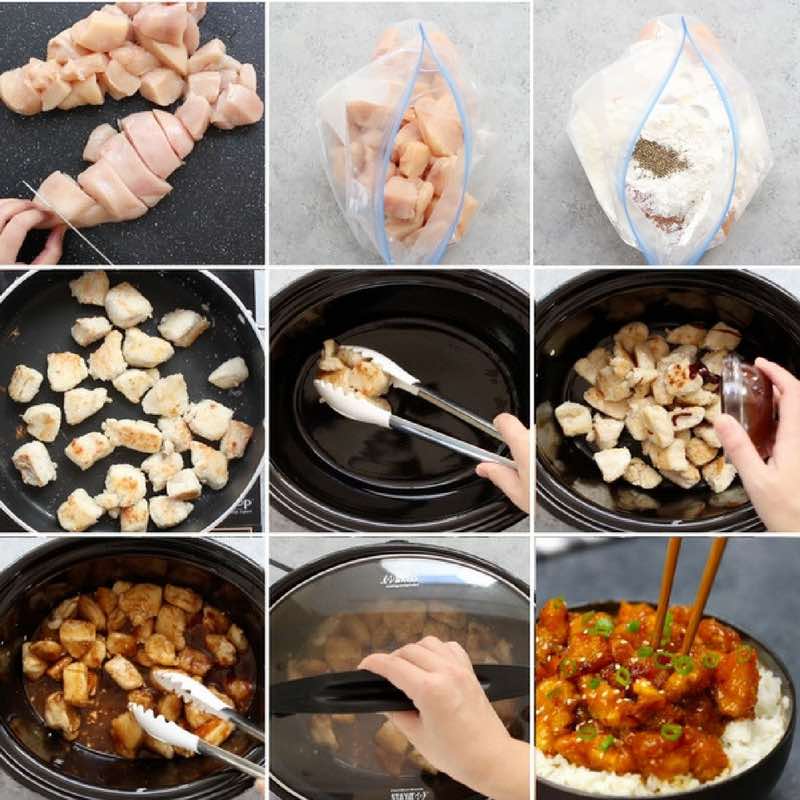 General Tso's Chicken Crock Pot - this graphic shows the key steps for making this dish in a slow cooker from start to finish