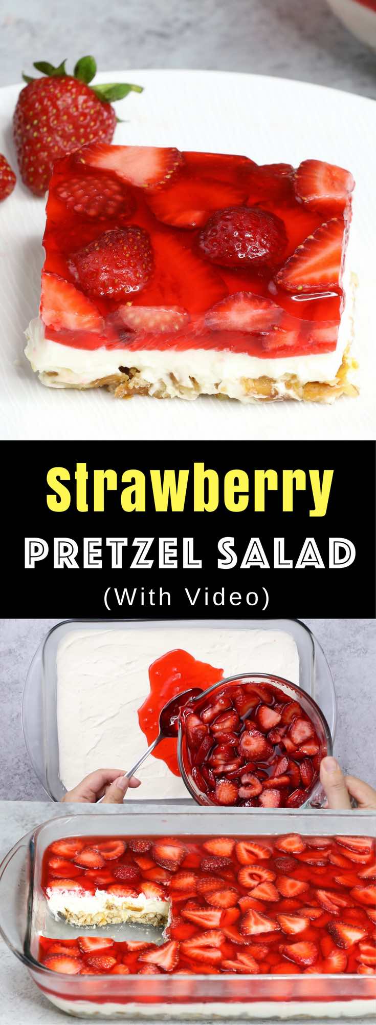 Strawberry Pretzel Salad – A guaranteed hit at any parties! In one bite, you will get the saltiness from its pretzel crust, sweetness from the creamy and smooth cream cheese, and the fresh flavor from the strawberry and jello top layer! So irresistible! Great for holiday and birthday parties. Easy recipe, party desserts. Vegetarian. Video recipe. | Tipbuzz.com