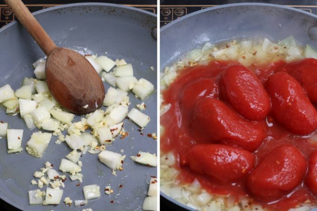 Sauteing onions, garlic and red pepper flakes before adding tomatoes and vodka to the pan