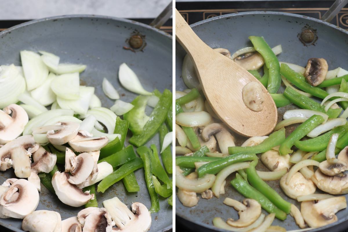 Sautéeing vegetables in a skillet until softened