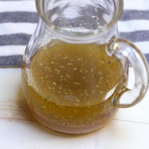Homemade Italian dressing after being whisked into an emulsion